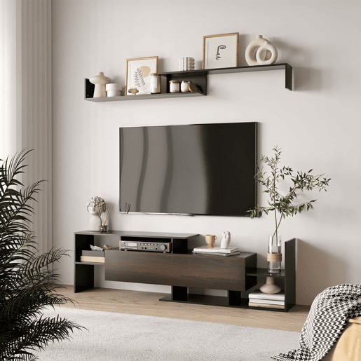 HOMCOM Móvel de TV Moderno Móvel de Sala de Estar para Televisores 153,6x25x42cm e Prateleira de Parede 150x14,5x16,3 cm Preto