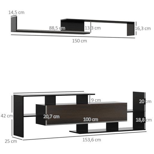 HOMCOM Móvel de TV Moderno Móvel de Sala de Estar para Televisores 153,6x25x42cm e Prateleira de Parede 150x14,5x16,3 cm Preto