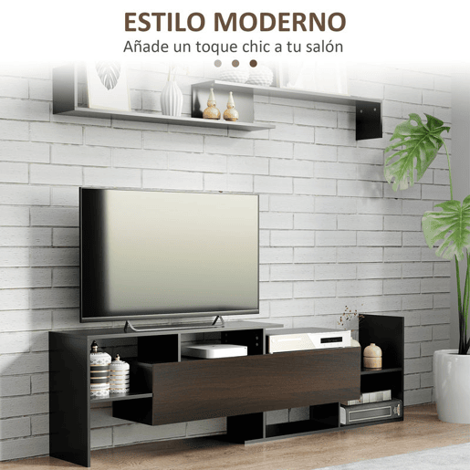 HOMCOM Móvel de TV Moderno Móvel de Sala de Estar para Televisores 153,6x25x42cm e Prateleira de Parede 150x14,5x16,3 cm Preto