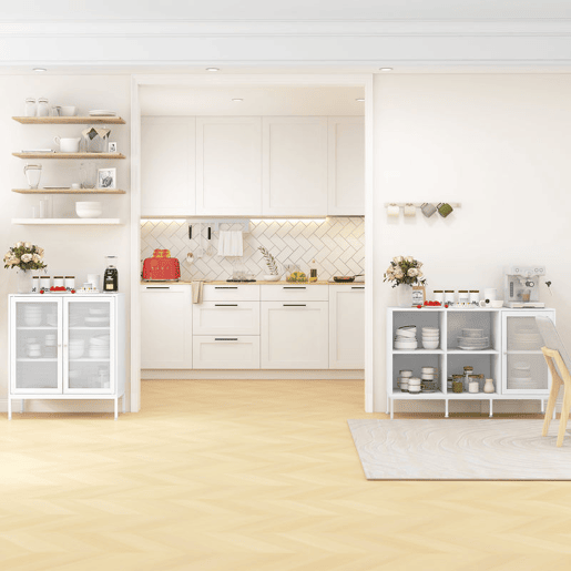 HOMCOM Conjunto de 2 Aparadores de Cozinha Móvel Aparador com Porta de Rede e Prateleira Ajustável Buffet para Sala de Estar Sala de Jantar Branco