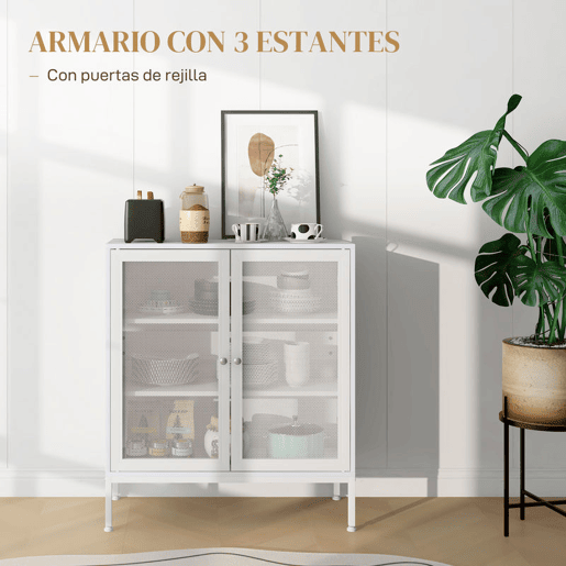 HOMCOM Conjunto de 2 Aparadores de Cozinha Móvel Aparador com Porta de Rede e Prateleira Ajustável Buffet para Sala de Estar Sala de Jantar Branco