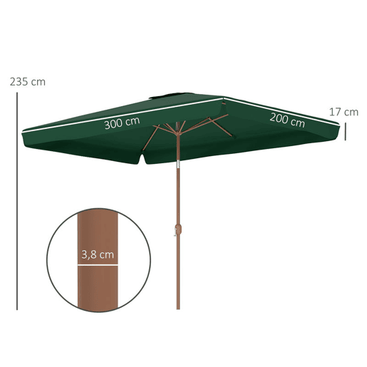 Outsunny Chapéu de Sol de Jardim 300x200 cm Chapéu de Sol de Exterior com Ângulo Ajustável Mastro de Alumínio Manivela e Proteção UV 50+ Chapéu de Sol para Jardim Pátio Verde