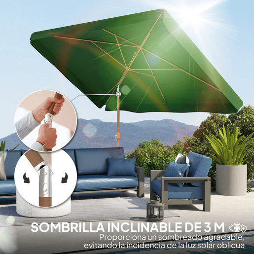 Outsunny Chapéu de Sol de Jardim 300x200 cm Chapéu de Sol de Exterior com Ângulo Ajustável Mastro de Alumínio Manivela e Proteção UV 50+ Chapéu de Sol para Jardim Pátio Verde