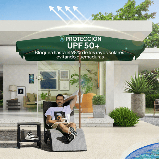 Outsunny Chapéu de Sol de Jardim 300x200 cm Chapéu de Sol de Exterior com Ângulo Ajustável Mastro de Alumínio Manivela e Proteção UV 50+ Chapéu de Sol para Jardim Pátio Verde