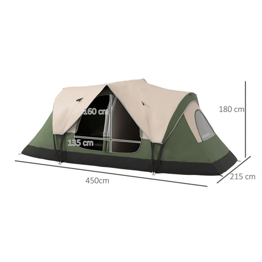 Outsunny Tenda de Campismo Familiar para 5-6 Pessoas Tenda de Campismo Dobrável com 2 Quartos e Bolsa de Transporte Impermeável para Trekking 450x215x180 cm Verde