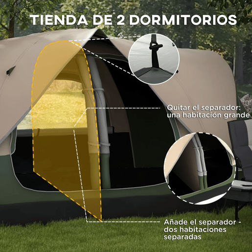 Outsunny Tenda de Campismo Familiar para 5-6 Pessoas Tenda de Campismo Dobrável com 2 Quartos e Bolsa de Transporte Impermeável para Trekking 450x215x180 cm Verde