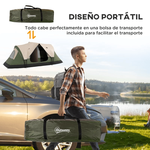 Outsunny Tenda de Campismo Familiar para 5-6 Pessoas Tenda de Campismo Dobrável com 2 Quartos e Bolsa de Transporte Impermeável para Trekking 450x215x180 cm Verde