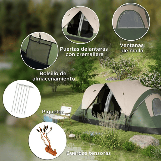Outsunny Tenda de Campismo Familiar para 5-6 Pessoas Tenda de Campismo Dobrável com 2 Quartos e Bolsa de Transporte Impermeável para Trekking 450x215x180 cm Verde
