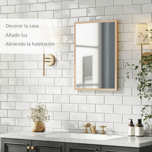 HOMCOM Espelho de Parede Decorativo 50x70 cm Espelho Retangular Espelho de Banheiro com 4 Ganchos Metálicos Estilo Moderno para Sala Quarto Entrada Madeira