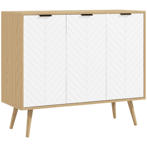 HOMCOM Aparador de 3 Portas, Aparador de Sala com Prateleiras Ajustáveis, Pés de Madeira, Portas com Padrão Espinha de Peixe, para Cozinha, Entrada, Quarto, Branco e Natural, 91,5x35x77,4 cm