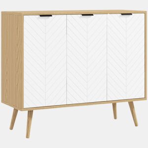HOMCOM Aparador de 3 Portas, Aparador de Sala com Prateleiras Ajustáveis, Pés de Madeira, Portas com Padrão Espinha de Peixe, para Cozinha, Entrada, Quarto, Branco e Natural, 91,5x35x77,4 cm