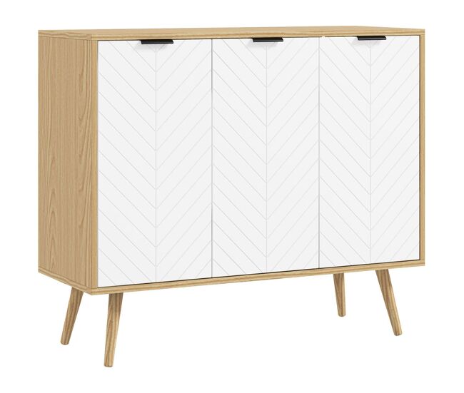 Homcom aparador de 3 puertas, aparador de salón con estantes ajustables, patas de madera, puertas con patrón de espiga, para cocina, entrada, dormitorio, comedor, blanco y natural, 91,5x35x77,4 cm