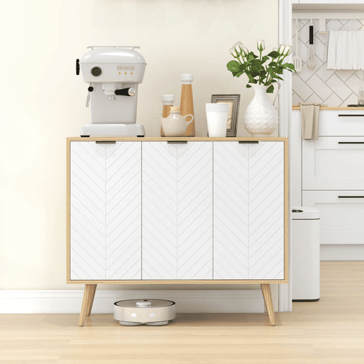 HOMCOM Aparador de 3 Portas, Aparador de Sala com Prateleiras Ajustáveis, Pés de Madeira, Portas com Padrão Espinha de Peixe, para Cozinha, Entrada, Quarto, Branco e Natural, 91,5x35x77,4 cm