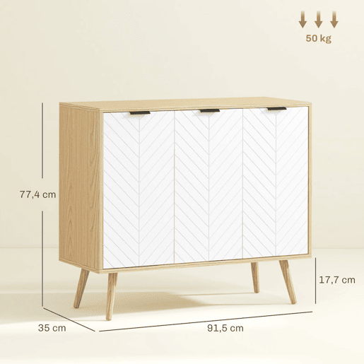 HOMCOM Aparador de 3 Portas, Aparador de Sala com Prateleiras Ajustáveis, Pés de Madeira, Portas com Padrão Espinha de Peixe, para Cozinha, Entrada, Quarto, Branco e Natural, 91,5x35x77,4 cm
