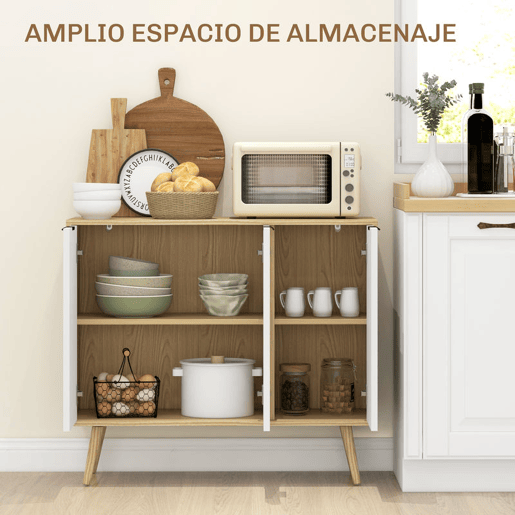 HOMCOM Aparador de 3 Portas, Aparador de Sala com Prateleiras Ajustáveis, Pés de Madeira, Portas com Padrão Espinha de Peixe, para Cozinha, Entrada, Quarto, Branco e Natural, 91,5x35x77,4 cm