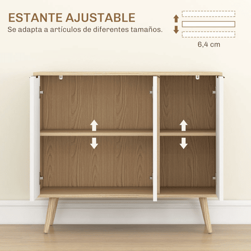 HOMCOM Aparador de 3 Portas, Aparador de Sala com Prateleiras Ajustáveis, Pés de Madeira, Portas com Padrão Espinha de Peixe, para Cozinha, Entrada, Quarto, Branco e Natural, 91,5x35x77,4 cm