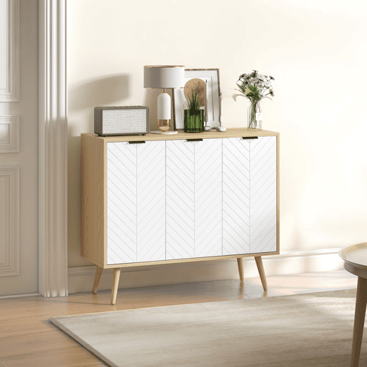 HOMCOM Aparador de 3 Portas, Aparador de Sala com Prateleiras Ajustáveis, Pés de Madeira, Portas com Padrão Espinha de Peixe, para Cozinha, Entrada, Quarto, Branco e Natural, 91,5x35x77,4 cm