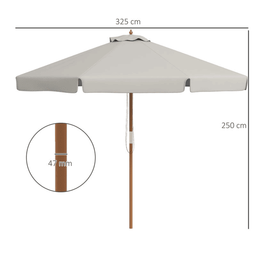 Outsunny Chapéu de Sol de Jardim Ø325x250 cm Chapéu de Sol de Madeira com Sistema de Polea Teto com Ventilação e 8 Hastes de Bambú para Terraço Balcão Exterior Cinzento Claro