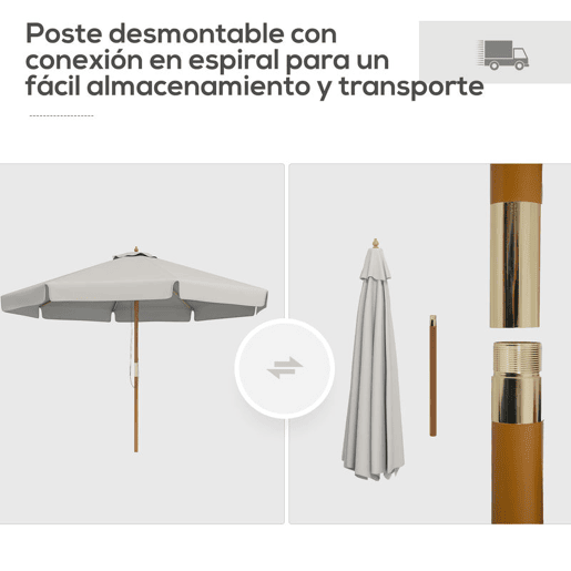 Outsunny Chapéu de Sol de Jardim Ø325x250 cm Chapéu de Sol de Madeira com Sistema de Polea Teto com Ventilação e 8 Hastes de Bambú para Terraço Balcão Exterior Cinzento Claro