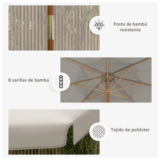 Outsunny Chapéu de Sol de Jardim Ø325x250 cm Chapéu de Sol de Madeira com Sistema de Polea Teto com Ventilação e 8 Hastes de Bambú para Terraço Balcão Exterior Cinzento Claro