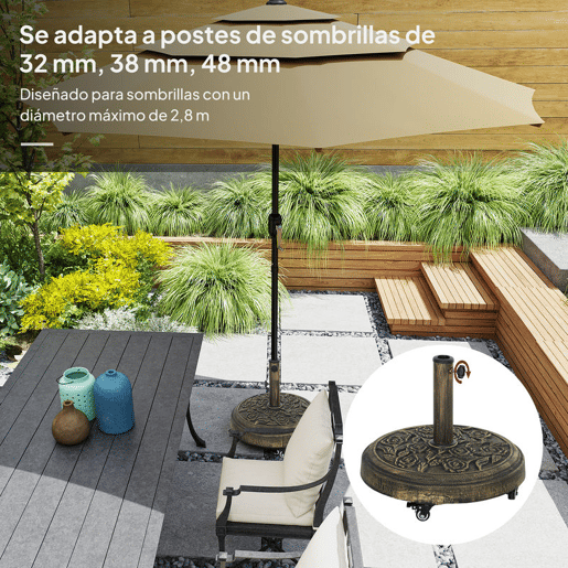 Outsunny Base para Chapéu de Sol Redonda Suporte para Chapéu de Sol com Rodas Base para Chapéu de Sol Preechível com Cimento Peso 21 kg para Jardim Varanda Ø49x42 cm Bronze