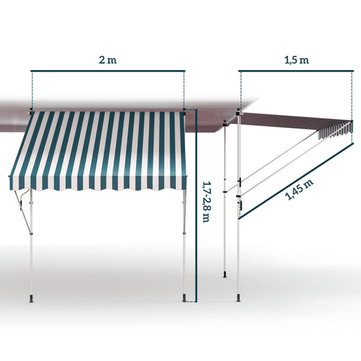 Outsunny Toldo Manual Retrátil 2x1,5 m, Toldo Exterior para Terraço Enrolável, Altura Ajustável 170-280 cm, com Manivela, Anti-UV e Impermeável, Sem Perfuração, para Varanda, Jardim, Verde e Branco