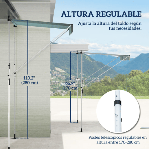 Outsunny Toldo Manual Retrátil 2x1,5 m, Toldo Exterior para Terraço Enrolável, Altura Ajustável 170-280 cm, com Manivela, Anti-UV e Impermeável, Sem Perfuração, para Varanda, Jardim, Verde e Branco