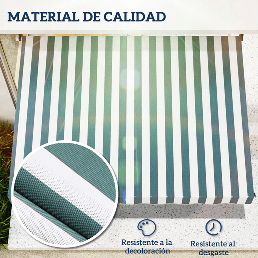 Outsunny Toldo Manual Retrátil 2x1,5 m, Toldo Exterior para Terraço Enrolável, Altura Ajustável 170-280 cm, com Manivela, Anti-UV e Impermeável, Sem Perfuração, para Varanda, Jardim, Verde e Branco