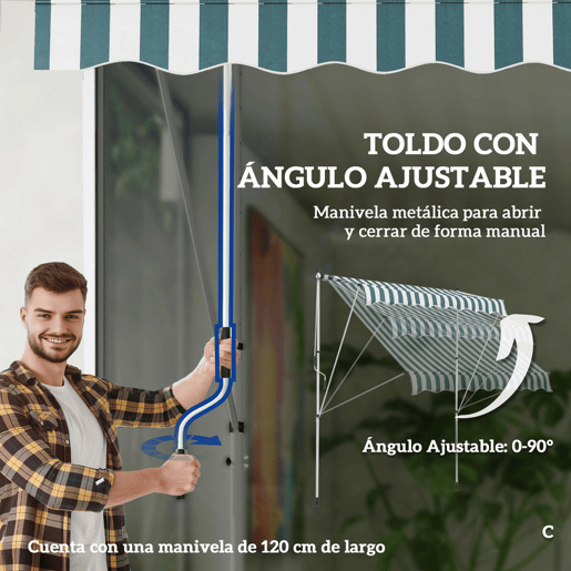 Outsunny Toldo Manual Retrátil 2x1,5 m, Toldo Exterior para Terraço Enrolável, Altura Ajustável 170-280 cm, com Manivela, Anti-UV e Impermeável, Sem Perfuração, para Varanda, Jardim, Verde e Branco