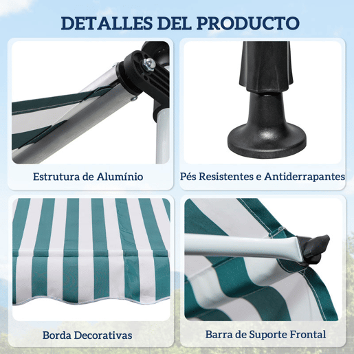 Outsunny Toldo Manual Retrátil 2x1,5 m, Toldo Exterior para Terraço Enrolável, Altura Ajustável 170-280 cm, com Manivela, Anti-UV e Impermeável, Sem Perfuração, para Varanda, Jardim, Verde e Branco