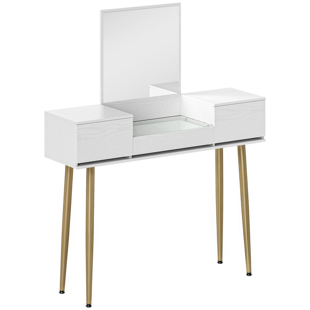 Homcom tocador de maquillaje con espejo tocador con encimera de vidrio templado visible 3 cajones mesa de maquillaje moderna para dormitorio blanco