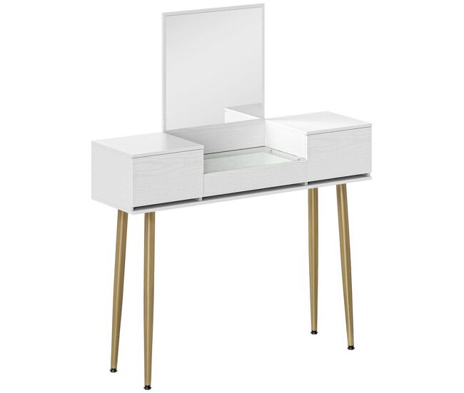 Homcom tocador de maquillaje con espejo tocador con encimera de vidrio templado visible 3 cajones mesa de maquillaje moderna para dormitorio blanco