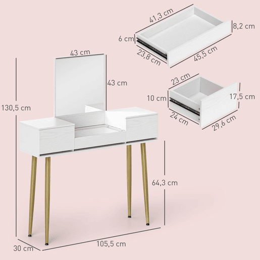HOMCOM Tocador de Maquilhagem com Espelho Tocador com Bancada de Vidro Temperado 3 Gavetas Mesa de Maquilhagem Moderna para Dormitório 105,5x30x130,5 cm Branco
