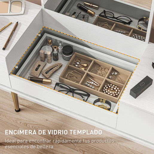 HOMCOM Tocador de Maquilhagem com Espelho Tocador com Bancada de Vidro Temperado 3 Gavetas Mesa de Maquilhagem Moderna para Dormitório 105,5x30x130,5 cm Branco