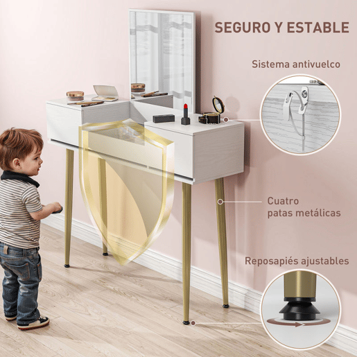 HOMCOM Tocador de Maquilhagem com Espelho Tocador com Bancada de Vidro Temperado 3 Gavetas Mesa de Maquilhagem Moderna para Dormitório 105,5x30x130,5 cm Branco