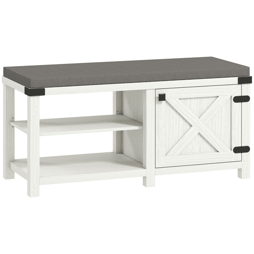 HOMCOM Banco Sapateira Rústico Sapateira com Assento Organizador de Sapatos com Compartimentos Almofada para 7 Pares de Sapatos para Entrada Sala de Estar Quarto 100x40x48 cm Branco com Veios e Cinza