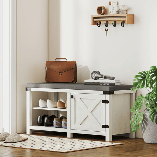 HOMCOM Banco Sapateira Rústico Sapateira com Assento Organizador de Sapatos com Compartimentos Almofada para 7 Pares de Sapatos para Entrada Sala de Estar Quarto 100x40x48 cm Branco com Veios e Cinza
