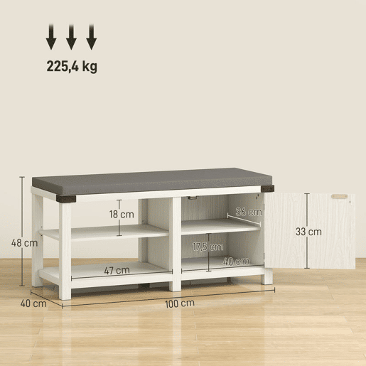 HOMCOM Banco Sapateira Rústico Sapateira com Assento Organizador de Sapatos com Compartimentos Almofada para 7 Pares de Sapatos para Entrada Sala de Estar Quarto 100x40x48 cm Branco com Veios e Cinza