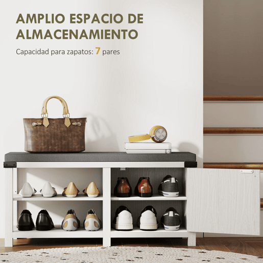 HOMCOM Banco Sapateira Rústico Sapateira com Assento Organizador de Sapatos com Compartimentos Almofada para 7 Pares de Sapatos para Entrada Sala de Estar Quarto 100x40x48 cm Branco com Veios e Cinza
