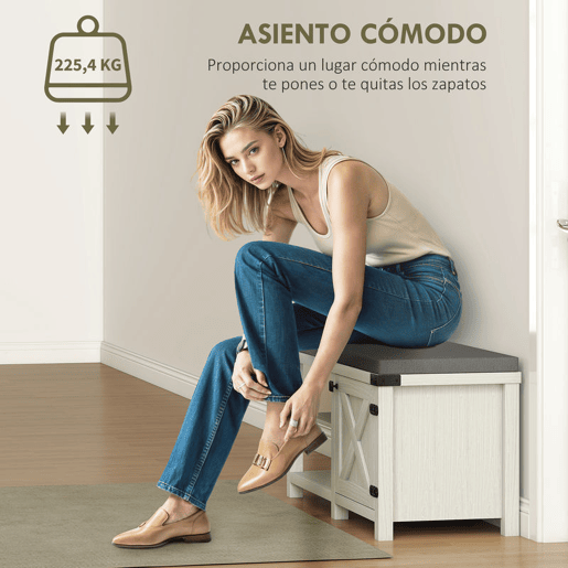 HOMCOM Banco Sapateira Rústico Sapateira com Assento Organizador de Sapatos com Compartimentos Almofada para 7 Pares de Sapatos para Entrada Sala de Estar Quarto 100x40x48 cm Branco com Veios e Cinza