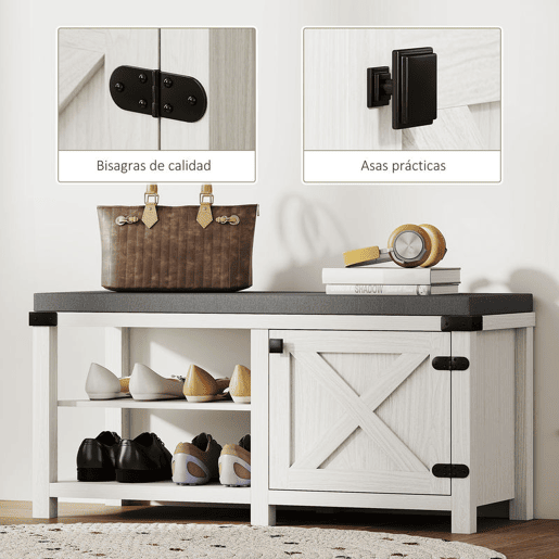 HOMCOM Banco Sapateira Rústico Sapateira com Assento Organizador de Sapatos com Compartimentos Almofada para 7 Pares de Sapatos para Entrada Sala de Estar Quarto 100x40x48 cm Branco com Veios e Cinza