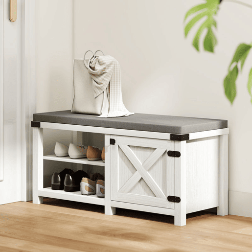 HOMCOM Banco Sapateira Rústico Sapateira com Assento Organizador de Sapatos com Compartimentos Almofada para 7 Pares de Sapatos para Entrada Sala de Estar Quarto 100x40x48 cm Branco com Veios e Cinza