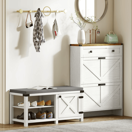 HOMCOM Banco Sapateira Rústico Sapateira com Assento Organizador de Sapatos com Compartimentos Almofada para 7 Pares de Sapatos para Entrada Sala de Estar Quarto 100x40x48 cm Branco com Veios e Cinza