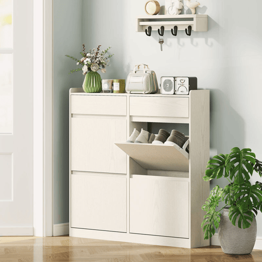HOMCOM Sapateira Estreita com 4 Portas Articuladas Sapateira para Entrada com 2 Gavetas para 8 Pares de Sapatos para Corredor Espaços Reduzidos 98x19,2x95,3 cm Branco
