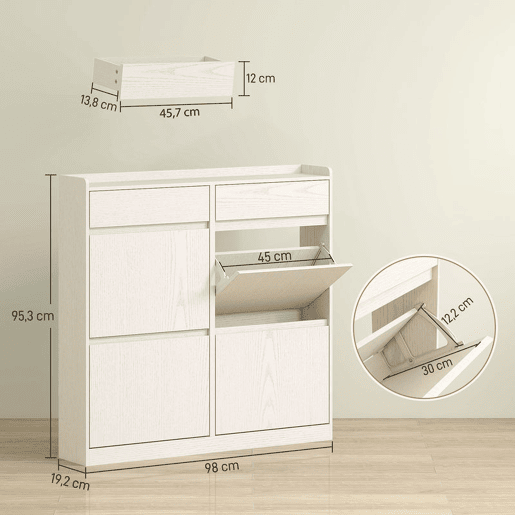 HOMCOM Sapateira Estreita com 4 Portas Articuladas Sapateira para Entrada com 2 Gavetas para 8 Pares de Sapatos para Corredor Espaços Reduzidos 98x19,2x95,3 cm Branco