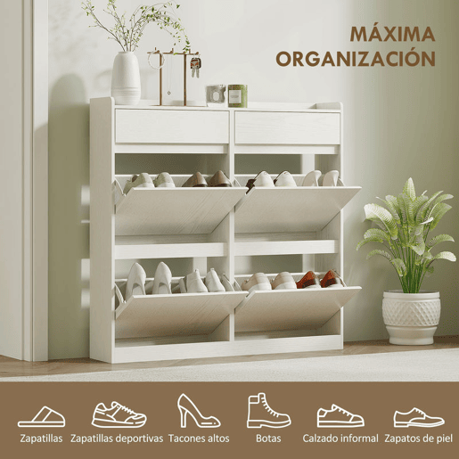 HOMCOM Sapateira Estreita com 4 Portas Articuladas Sapateira para Entrada com 2 Gavetas para 8 Pares de Sapatos para Corredor Espaços Reduzidos 98x19,2x95,3 cm Branco