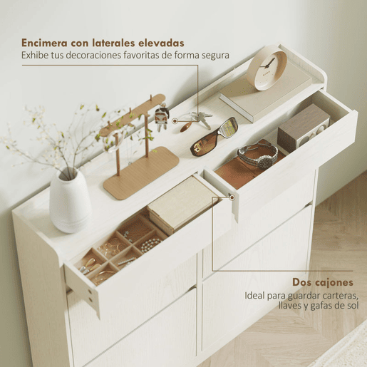 HOMCOM Sapateira Estreita com 4 Portas Articuladas Sapateira para Entrada com 2 Gavetas para 8 Pares de Sapatos para Corredor Espaços Reduzidos 98x19,2x95,3 cm Branco