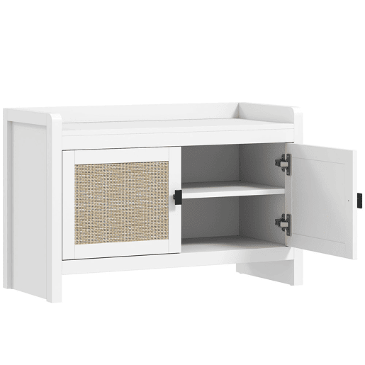 HOMCOM Banco Sapateira Móvel Sapateira Banco de Entrada com Portas Frentes de Vime Prateleira para 8 Pares de Sapatos para Entrada Dormitório 80x35x52 cm Branco