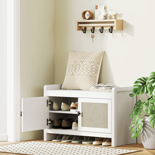 HOMCOM Banco Sapateira Móvel Sapateira Banco de Entrada com Portas Frentes de Vime Prateleira para 8 Pares de Sapatos para Entrada Dormitório 80x35x52 cm Branco