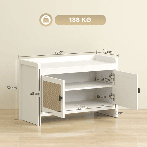 HOMCOM Banco Sapateira Móvel Sapateira Banco de Entrada com Portas Frentes de Vime Prateleira para 8 Pares de Sapatos para Entrada Dormitório 80x35x52 cm Branco